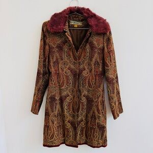 Allen B. By Allen Schwartz Paisley Coat with Burgundy Fur Collar